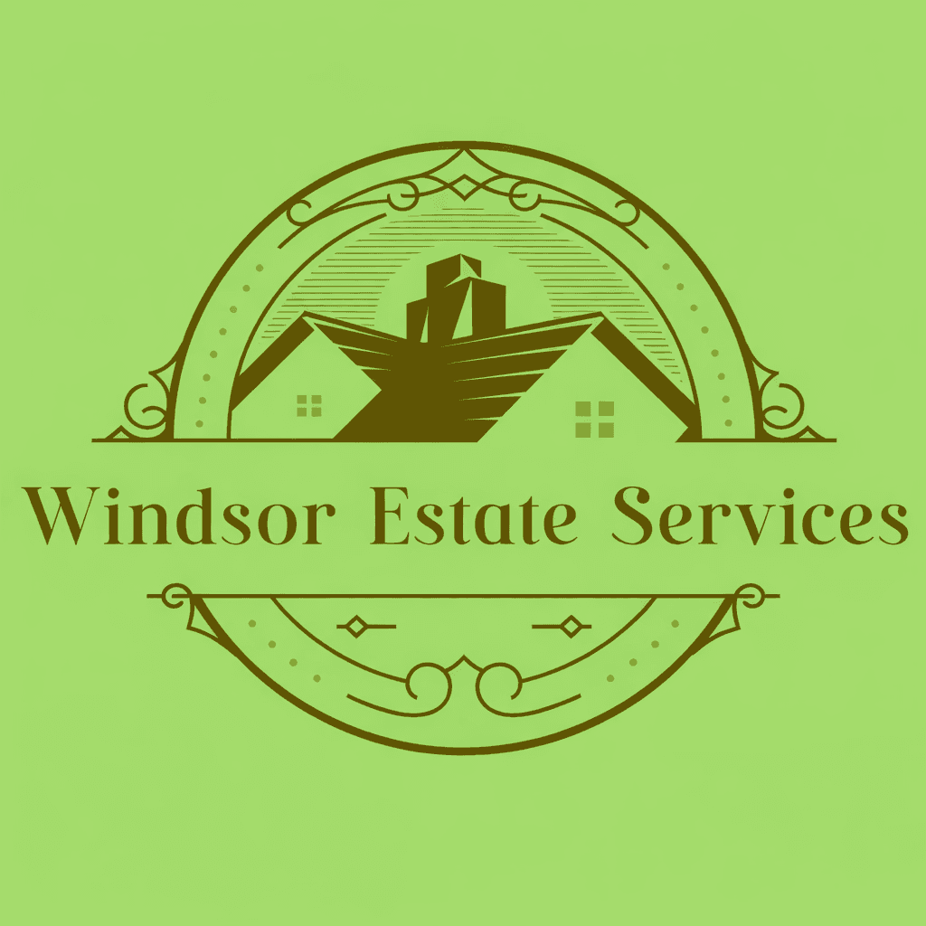 Windsor Estate Services logo featuring stylized houses within an ornate circular frame on green.