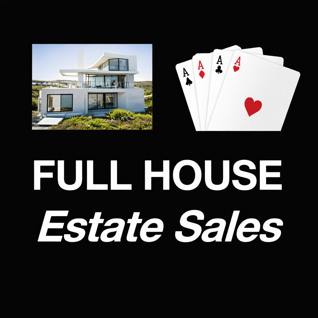 Modern white house and four aces above the text FULL HOUSE Estate Sales.